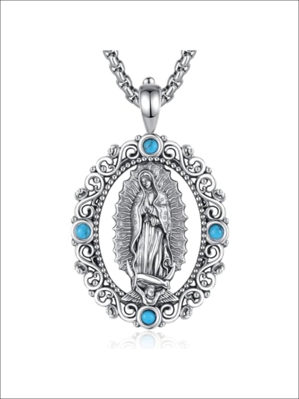 925 Sterling Silver Our Lady of Guadalupe Turquoise Pendant Necklace 22 In